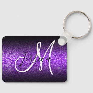 Porte-clés Élégant Monogramme Violet Ombré Faux Paillettes