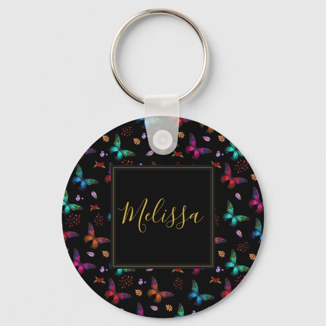 Porte-clés Élégant Motif de papillons colorés sur noir (Recto)