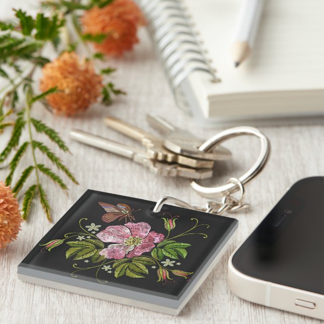 Porte-clés Élégant Motif floral broderie Arrière - plan noir (Devant Droit)