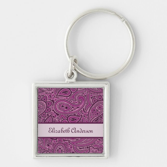 Porte-clés Élégant Motif Floral Paisley Purple Avec Nom (Devant)