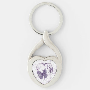 Porte-clés Élégant Papillon pourpre, Coeur et Marbre Monogram
