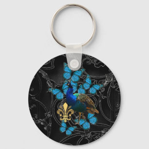 Porte-clés Elégant Peacock et papillons bleus sur noir