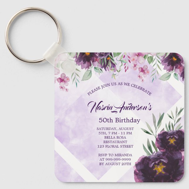 Porte-clés Elegant Purple Floral Birthday Invitation (Recto)