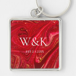Porte-clés Elegant Red Glitter Initial Wedding Couple 