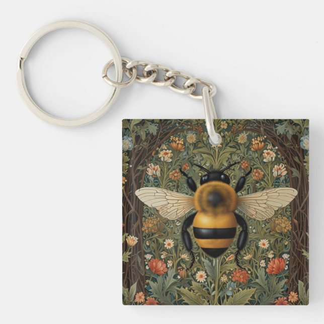 Porte-clés Elégant rétro bumblebee boho botanique floral art (Devant)