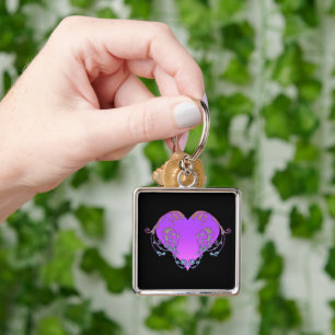 Porte-clés Élégant, Romantique Cœur Violet avec Flourish