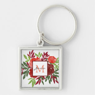 Porte-clés Elégant rouge Aquarelle Fleurs Joli Monogramme