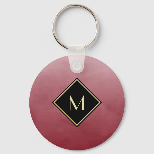 Porte-clés Élégant Rouge Brossé Avec Monogramme Or Simple (Recto)