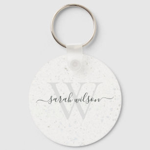 Porte-clés Elegant Script Terrazzo Stone Ivory Grey Monogram