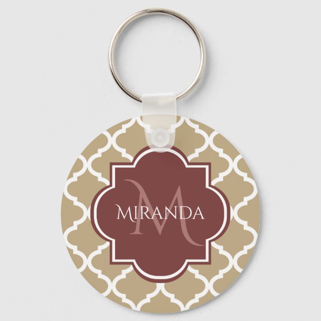 Porte-clés Élégant Tan Quatrefoil Bourgogne Monogramme et nom (Recto)