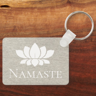 Porte-clés Élégant Taupe Herringbone Namaste Blanc Lotus