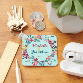 Porte-clés Elégant vert coloré aquarelle mariage floral