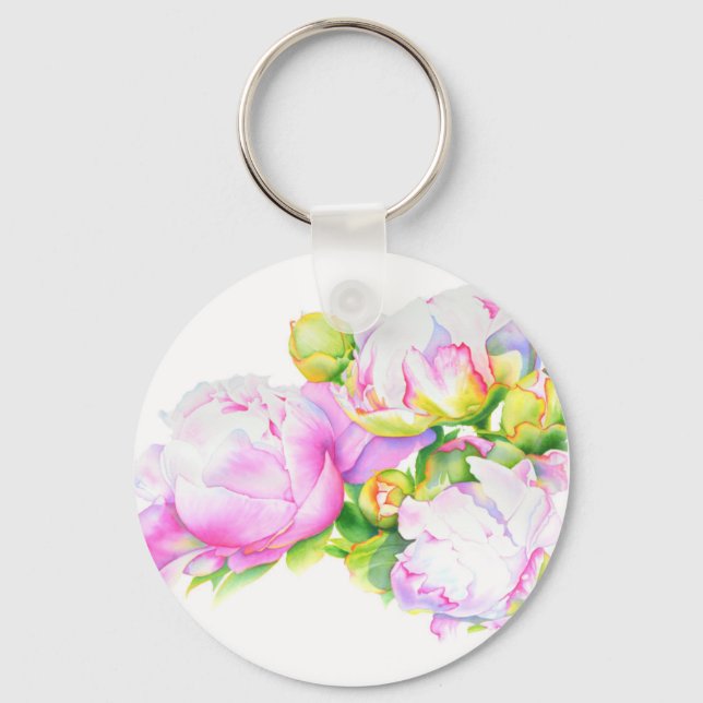 Porte-clés Elégante aquarelle fleurie de pivoine rose (Recto)