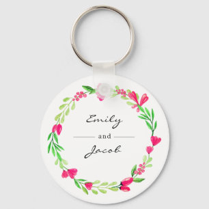Porte-clés Élégante couronne de fleurs rose blanc Nom du coup