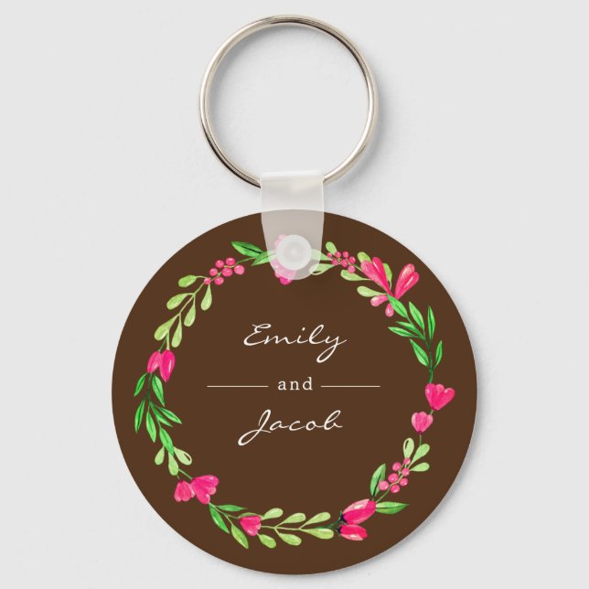 Porte-clés Élégante couronne de fleurs rose Brown Nom du coup (Recto)
