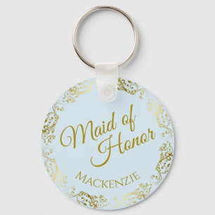 Porte-clés Élégante dentelle d'or sur bleu Maid of Honor Mari