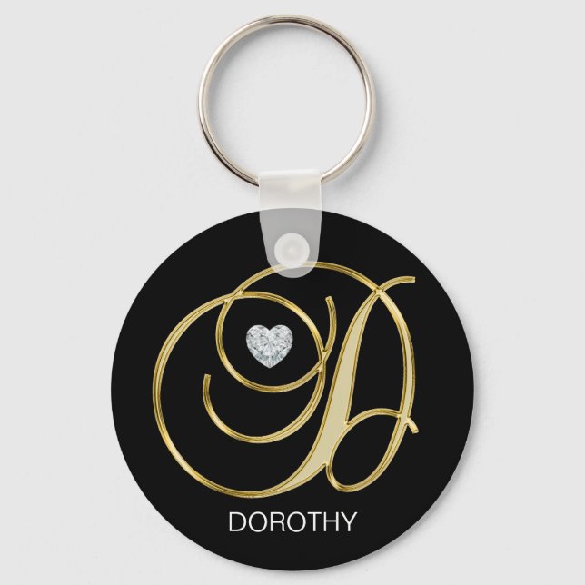 Porte-clés Élégante lettre D monogramme dorée personnalisée (Recto)