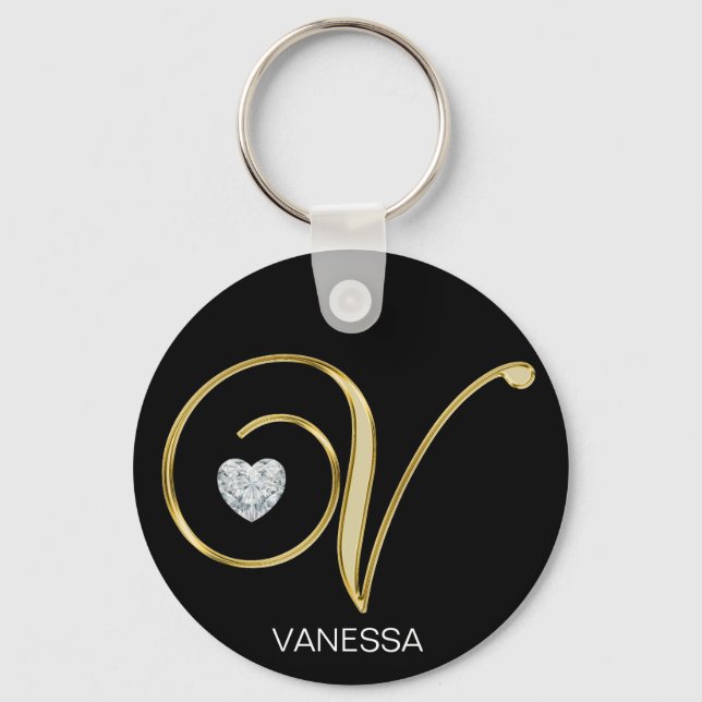 Porte-clés Élégante lettre dorée personnalisée V (Recto)