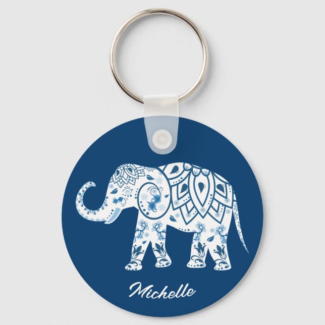 Porte-clés Eléphant bleu à motif orné Personnalisé (Recto)