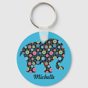 Porte-clés Eléphant Motif Fleur sur Bleu Personnalisé