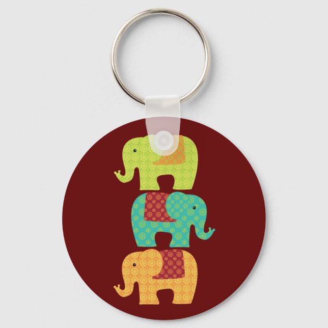 Porte-clés Eléphants ethniques avec fleurs sur le rouge du ma (Recto)