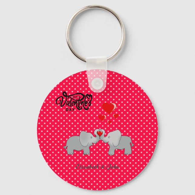 Porte-clés Eléphants romantiques et Coeurs rouges sur Pois (Recto)