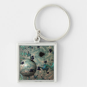 Porte-clés Emerald et Gold Mandelbrot avec anneau à clé sphér