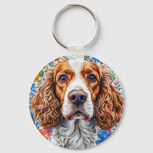 Porte-clés Épagneul Springer sur fond floral coloré