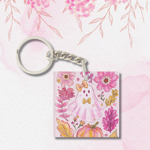 Porte-clés Fantôme pastel rose d'Halloween avec des fleurs et