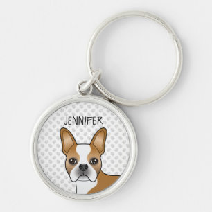 Porte-clés Faune Et Blanc Boston Terrier Cartoon Chien & Nom