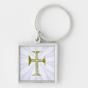 Porte-clés Faux Gold Détruit Look Cross avec rayons blancs