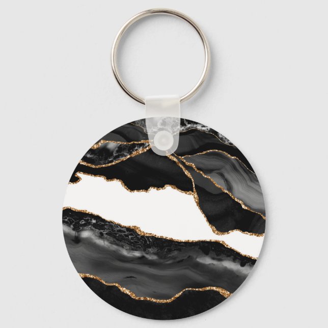 Porte-clés Faux Marbré Agate Noir Stylish Pierre Or Luxe (Recto)