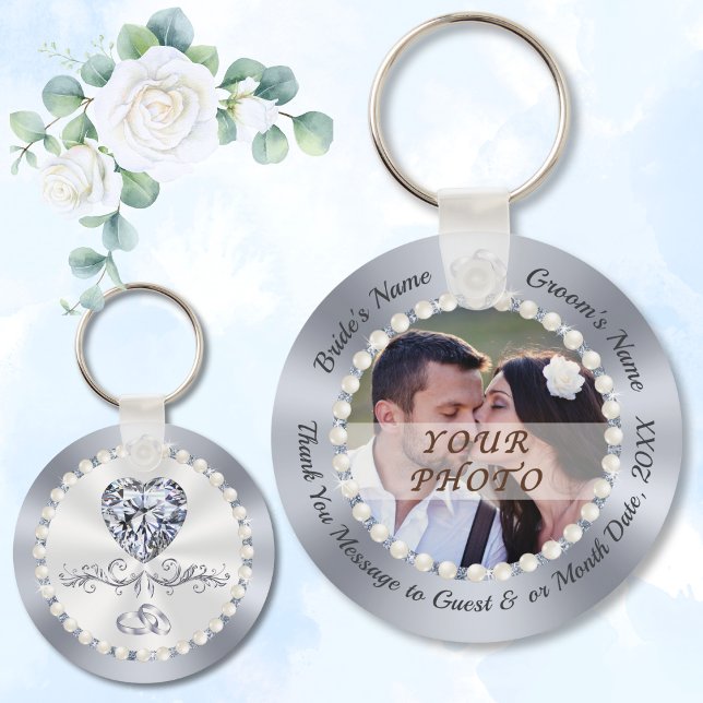 Porte-clés Faveurs de mariage pas cher pour les invités, Diam (Cheap bridal shower favors. Silver, Wedding Thank Yous with Photo. Diamond and Pearls Wedding theme.)