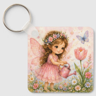 Porte-clés Fée des fleurs arrosant des tulipes roses 