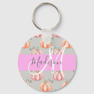 Porte-clés Féminin Floral Gris Rose Pêche Citrouille Monogram