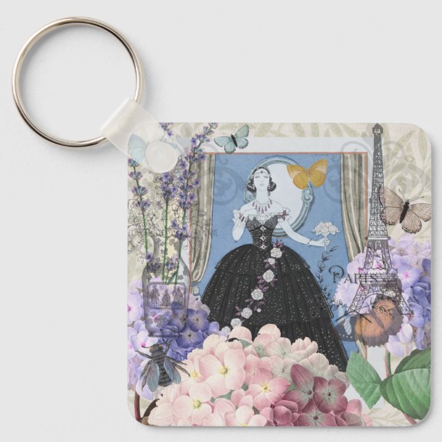 Porte-clés Femme élégante bleue Robe fantaisie florale  (Recto)