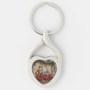 Porte-clés Fenêtre de Noël au poinsettia enneigé