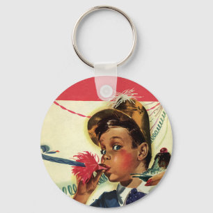 Porte-clés Fête d'anniversaire vintage, fille avec crécelle