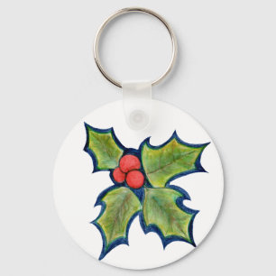 Porte-clés Feuille de houx de Noël, baies rouges