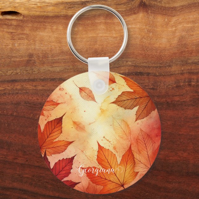 Porte-clés Feuilles d'aquarelle autummonique personnalisée (Recto)
