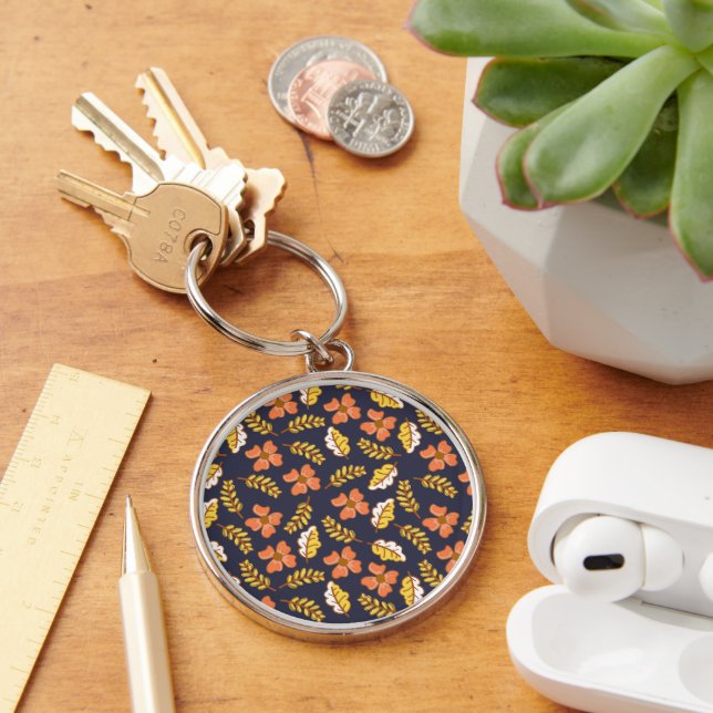 Porte-clés Feuilles d'automne en chute chaude avec fleurs (Bureau)