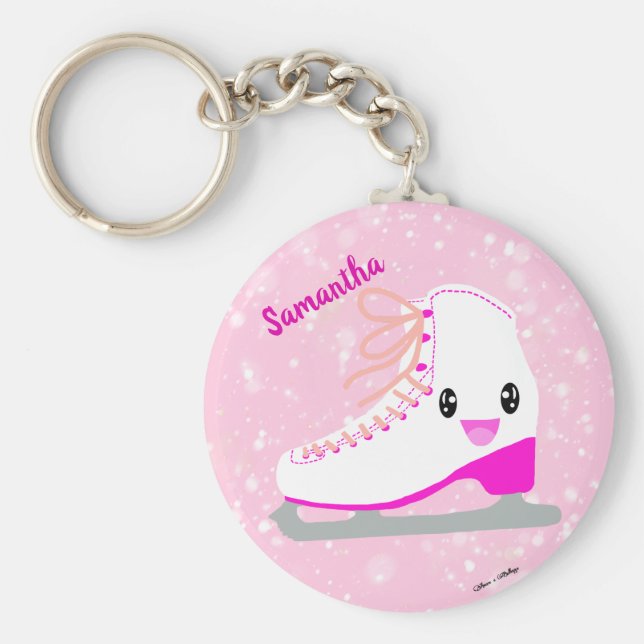 Porte-clés Figure Kawaii de patinage sur glace rose personnal (Devant)