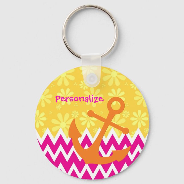 Porte-clés Fille Chevrons Rose Ancre orange avec nom (Recto)