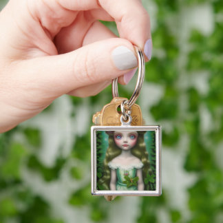 Porte-clés Fille en vert surréalisme pop personnalisé