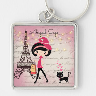 Porte-clés Fille et chat personnalisés à Paris Tour Eiffel