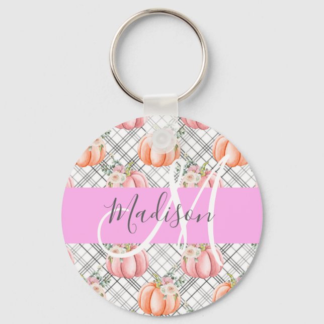 Porte-clés Fille Floral Gris rose Pêche Citrouille Nom (Recto)