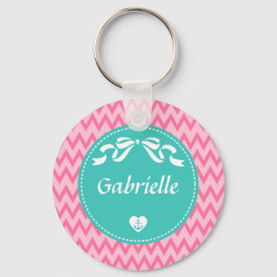 Porte-clés Fille Rose Chevron Motif Cute Mint Bow avec nom