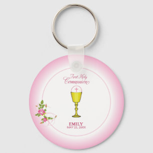Porte-clés Fille Rose Première Communion, Calice, Hostie, Ros