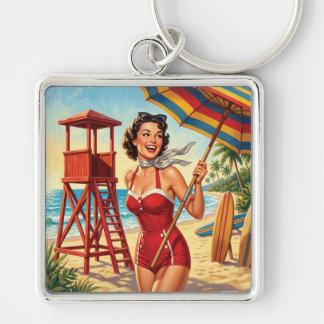 Porte-clés Fille Sauveteur de Plage Vintage Épinglée