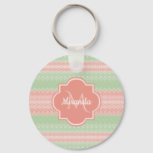 Porte-clés Fille vert Knit Coral rose rayures et nom